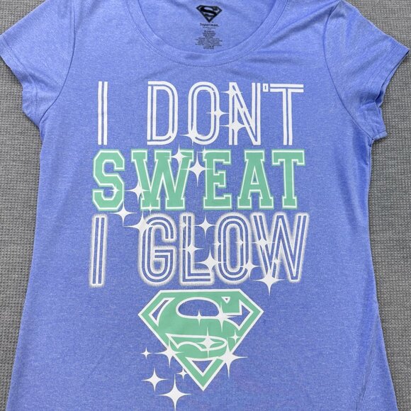 Superman Womens XL Athletic Tee Shirt "I Dont Sweat I Glow" Blue Graphic Print - Picture 5 of 11